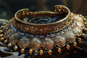 Intricately designed traditional necklace displayed on a wooden surface with decorative carvings in warm light photo