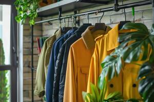 Stylish jackets hanging on a rack in a modern interior with greenery and wooden elements photo