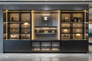Modern display shelving showcasing decorative artifacts in a well-lit gallery setting photo
