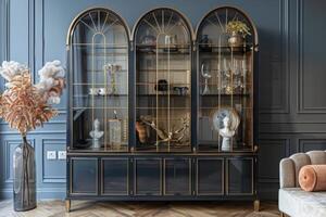 Elegant display cabinet with arches and decorative items in a modern living room photo