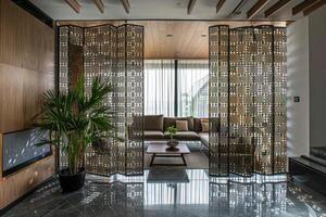 Modern living room with stylish partitions and a green plant in a contemporary home photo