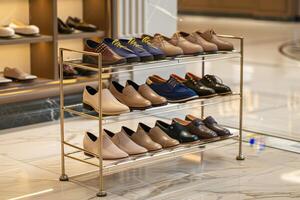 Stylish footwear display in a modern store showcasing diverse shoe designs and colors with a sleek, clean design photo