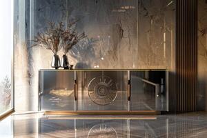 Modern interior showcasing a sleek, reflective sideboard with decorative vases and an abstract design, illuminated by natural light in a luxurious setting photo