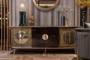 Modern interior design featuring a stylish console table with round mirrors and decorative accents in a contemporary living space photo