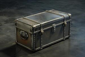 Vintage metal trunk with rivets on a dark floor in a storage area photo