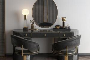 Elegant modern vanity setup with stylish mirror and sleek furniture in a well-lit room photo