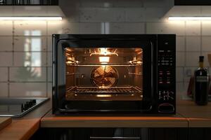 Modern kitchen appliance with visible interior and glowing light during operation photo