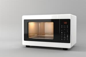 Modern white microwave oven with digital display and transparent door, designed for kitchen use photo