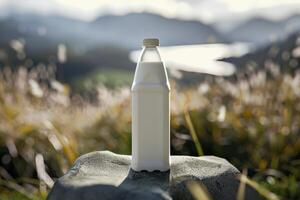 A bottle of milk sits on a rock in a natural setting during daytime with a scenic backdrop of hills and a river photo