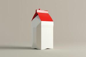 A creative milk carton designed to resemble a house with a red roof against a simple light background photo