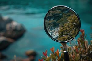 Reflection of lush greenery in a mirrored object beside tranquil waters at a scenic location photo