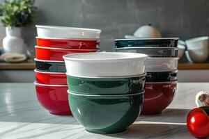 Stacked bowls in various colors arranged on a kitchen countertop with fresh vegetables and a plant in the background photo