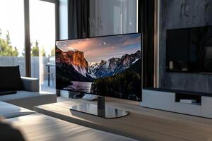 Modern living room with a scenic landscape displayed on a flat-screen television during sunset photo