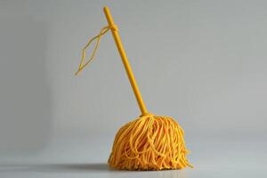 Bright yellow mop on a plain background ready for cleaning tasks photo