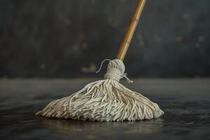 A cotton mop rests on a dark surface, highlighting its texture and material photo