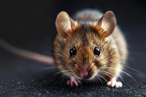 A close-up of a brown mouse exploring its surroundings on a dark surface during the evening photo