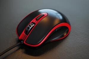 A close-up of a sleek black and red gaming mouse on a dark surface photo