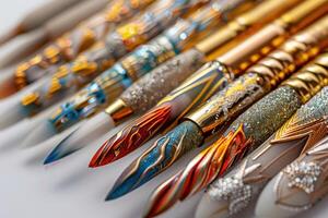 Colorful and intricately designed nail art brushes displayed on a neutral background, showcasing various styles and techniques photo