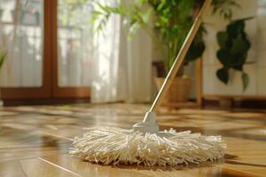 Cleaning a wooden floor with a mop in a bright room filled with plants during the day photo