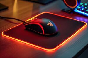 Gaming mouse on a lit mouse pad in a dimly lit room at night photo