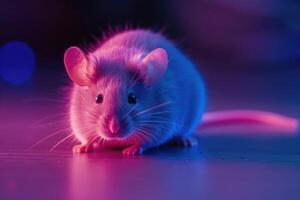 A close-up view of a cute mouse under vibrant purple and blue lighting in a studio setting at night photo