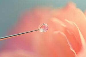 A close-up view of a water droplet perched on a needle near a soft pink rose petal in natural light photo
