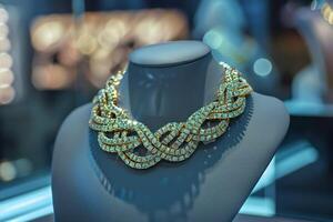 Elegant diamond necklace displayed on a mannequin in a jewelry store photo