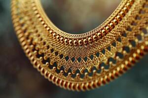 Beautiful intricately designed gold necklace displayed against a blurred background photo