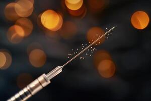 Close-up of a syringe needle with glowing bokeh lights in the background photo