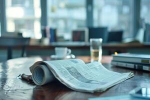 Morning newspaper and coffee on a wooden table in a modern workspace photo