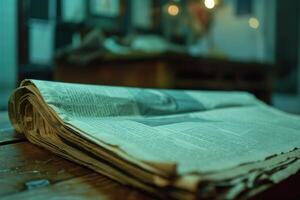 An old newspaper rests on a wooden table in a dimly lit room, reflecting a sense of nostalgia and history photo