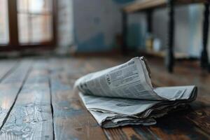 A rolled-up newspaper rests on a wooden floor in a cozy room with natural light streaming through the window photo