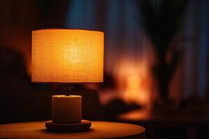 Warm glow of a table lamp illuminating a cozy room in the evening photo