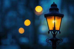 Illuminated street lamp in a rainy evening with blurred bokeh lights in the background photo