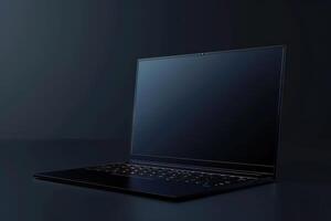 Sleek black laptop positioned on a dark surface, illuminated by soft ambient light in a modern workspace photo