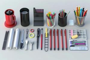 An organized collection of colorful stationery, office supplies, and tools arranged neatly on a clean surface photo