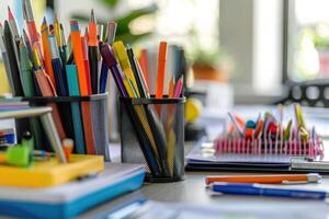 Colorful stationery supplies arranged on a desk with containers filled with pens, pencils, and notebooks in a sunny workspace photo