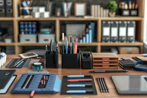 Organized workspace with stationery and office supplies during daylight photo