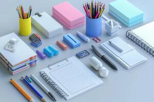 Colorful stationery arrangement on a workspace with pens, notebooks, and organizational tools photo