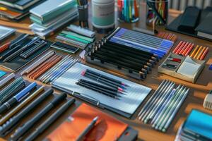 Organized desk supplies with various pens, notebooks, and colorful stationery on a wooden table photo