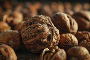 Brown walnuts on a textured wooden surface with a blurred background of more nuts in a warm setting photo