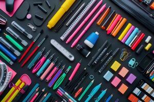 A colorful arrangement of various stationery items on a dark surface photo