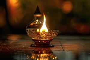A lit oil lamp illuminates a tranquil space during twilight in a serene outdoor setting photo