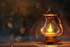 A warm candlelit lantern glowing softly against a dark background photo