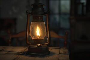 A lit lantern on a wooden table casting a warm glow in a dimly lit room during the evening photo