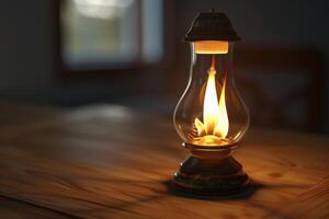 A vintage oil lamp illuminates a wooden table in a cozy room during the evening photo