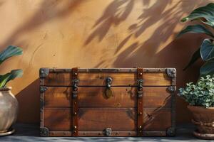 Rustic wooden chest displayed against a warm, textured wall with greenery nearby in a cozy interior setting photo