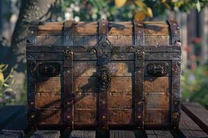 A wooden treasure chest placed on a rustic table surrounded by a vibrant garden in bright daylight photo