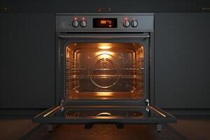Modern kitchen oven with illuminated interior and digital display, showcasing a sleek design and open door ready for baking photo