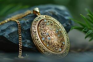Gold pendant necklace with intricate floral design resting on a stone, surrounded by greenery in natural light photo